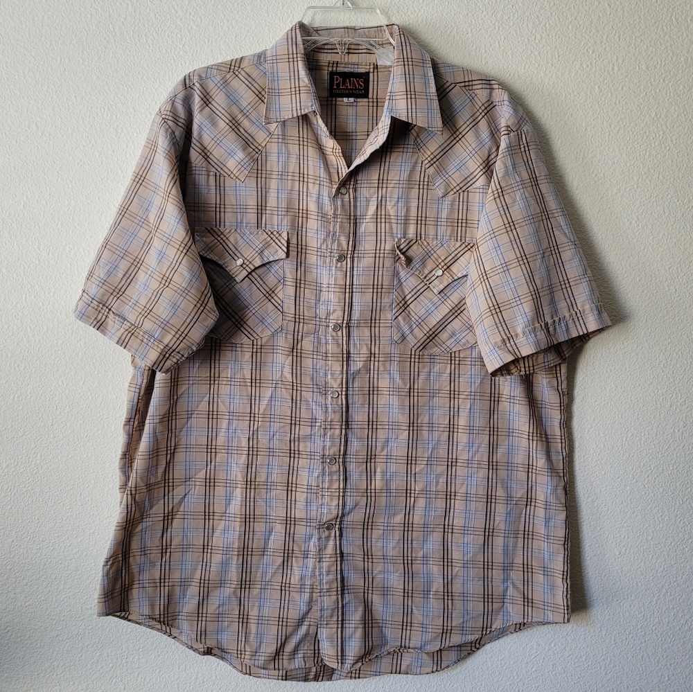 Plains Western Wear Pearl Snap Shirt Plaid Cowboy Vintage Blue Short Sleeve